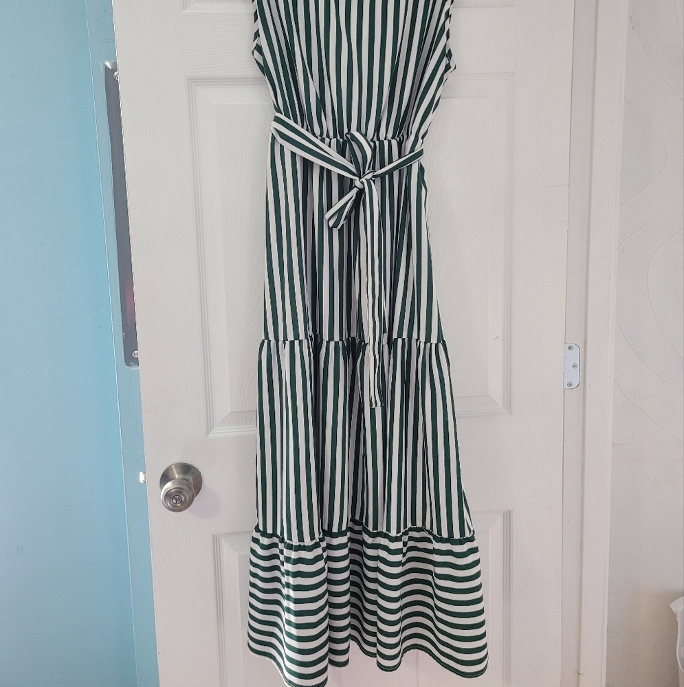 Green and White Striped Dress with Tie Waist